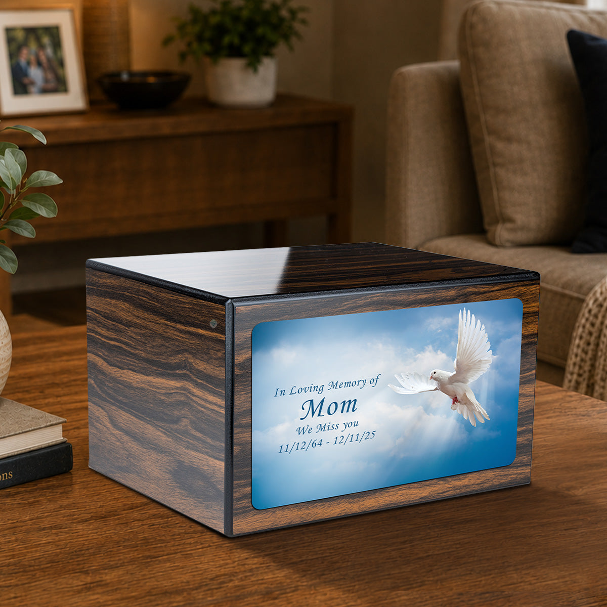 Custom Printed Heritage Espresso Dove Wood Box Cremation Urn