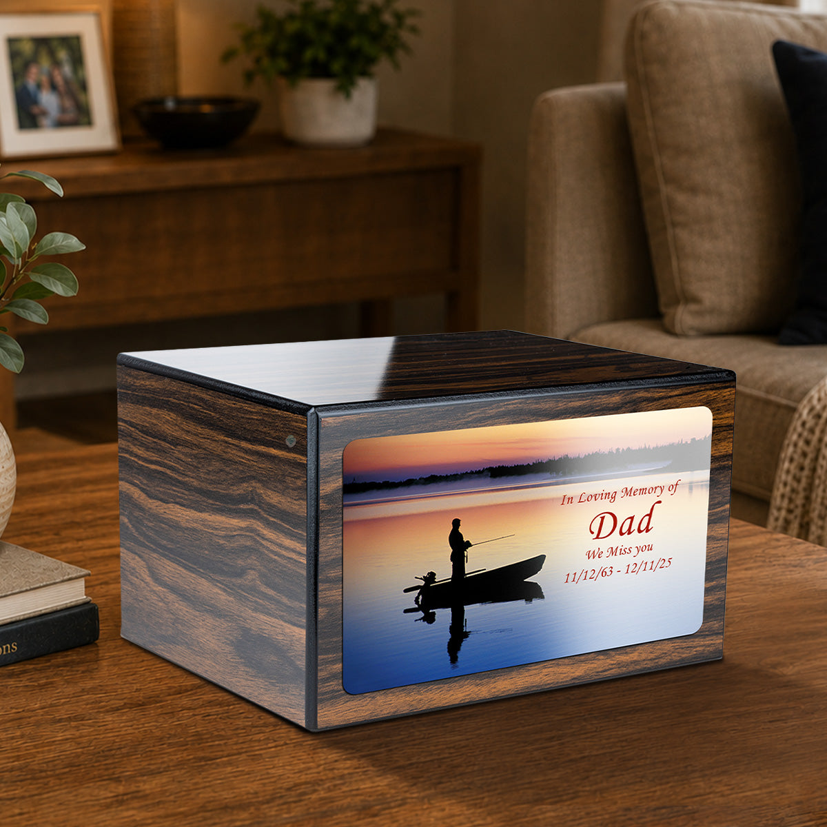 Custom Printed Heritage Espresso Fishing Wood Box Cremation Urn