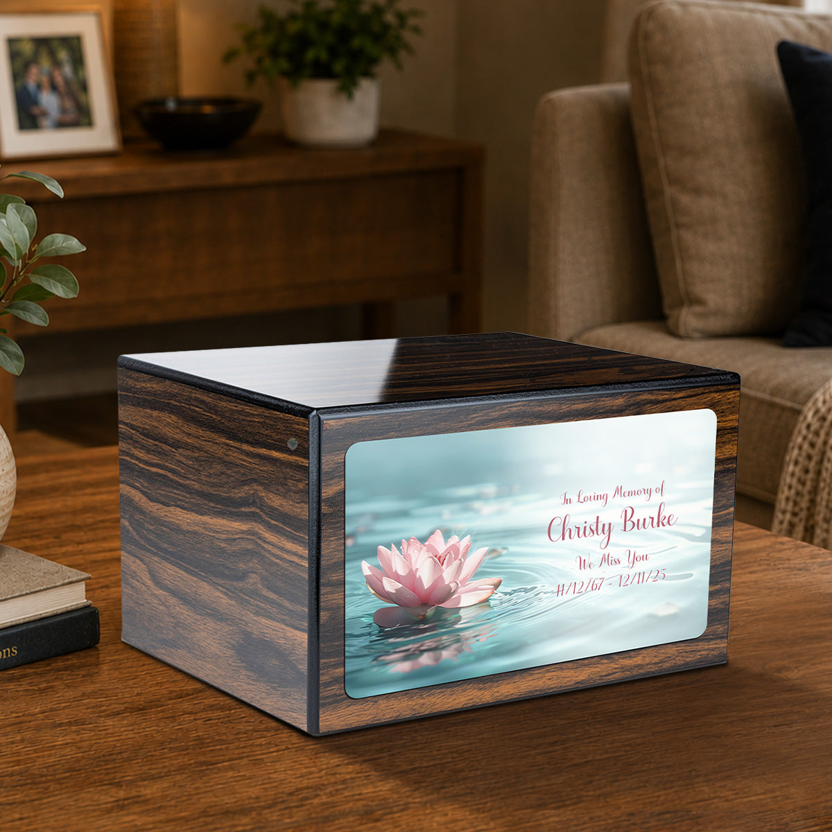 Custom Printed Heritage Espresso Lotus Flower Wood Box Cremation Urn