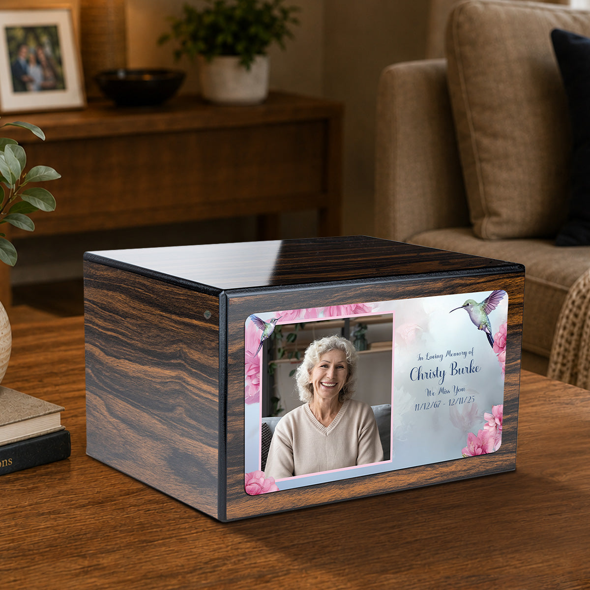 Custom Printed Heritage Espresso Photo Hummingbird Wood Box Cremation Urn