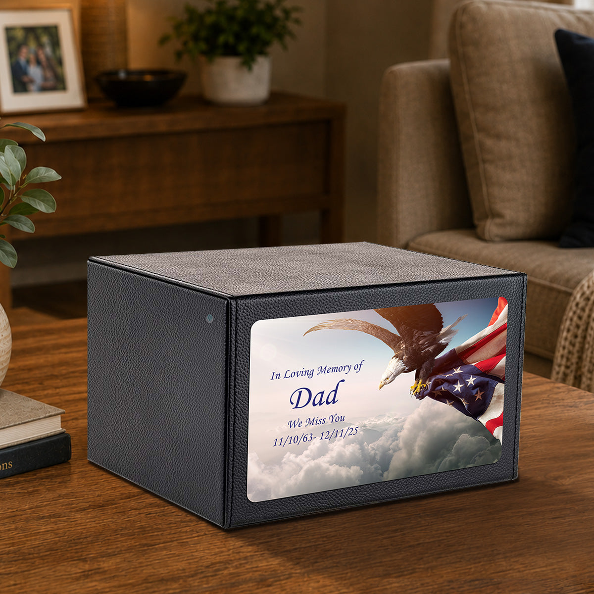 Custom Printed Heritage Leather American Eagle Wood Box Cremation Urn