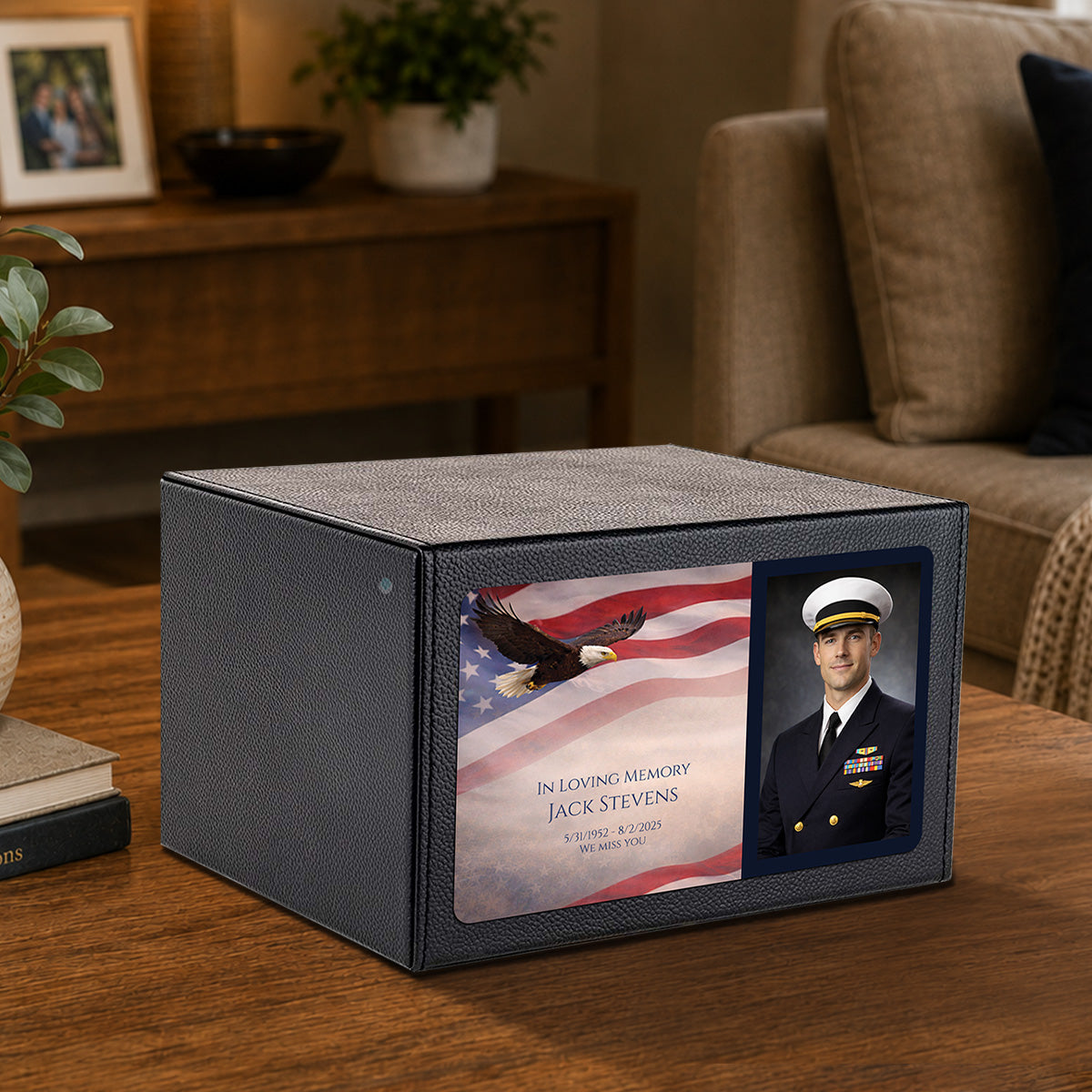 Custom Printed Heritage Photo Leather American Glory Wood Box Cremation Urn