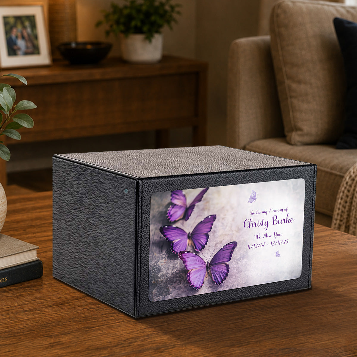 Custom Printed Heritage Leather Butterflies Wood Box Cremation Urn