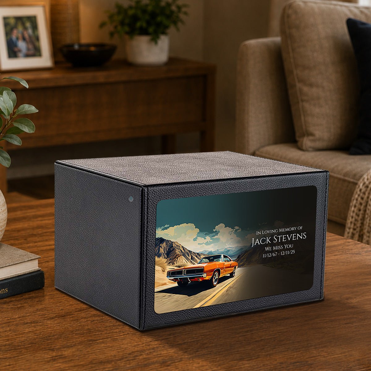 Custom Printed Heritage Leather Classic Car Wood Box Cremation Urn