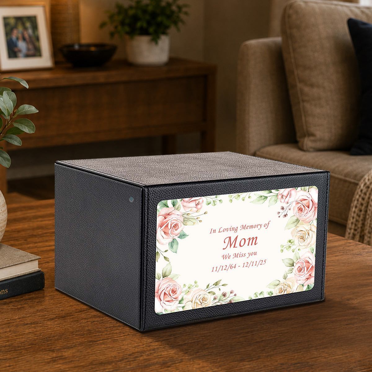 Custom Printed Heritage Leather Flower Frame Wood Box Cremation Urn