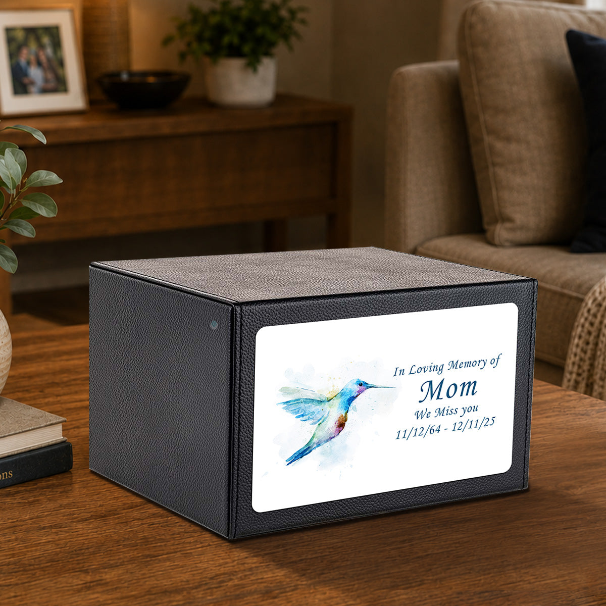 Custom Printed Heritage Leather Hummingbird Wood Box Cremation Urn