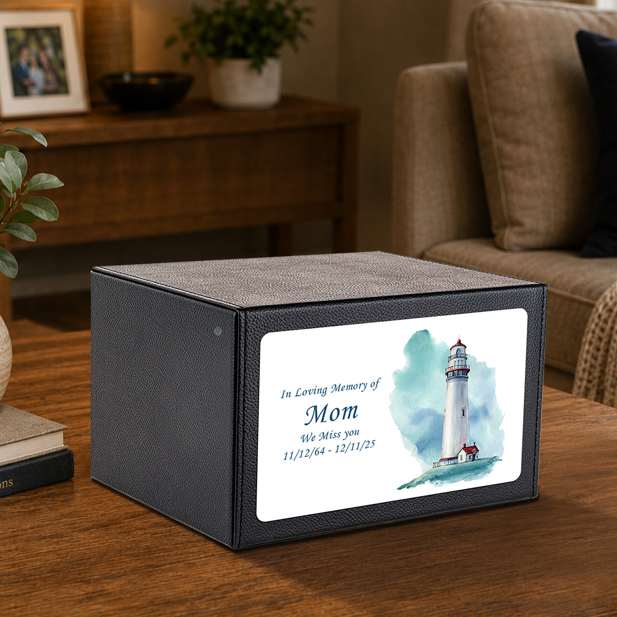 Custom Printed Heritage Leather Lighthouse Wood Box Cremation Urn