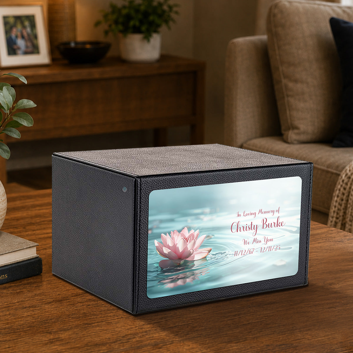 Custom Printed Heritage Leather Lotus Flower Wood Box Cremation Urn
