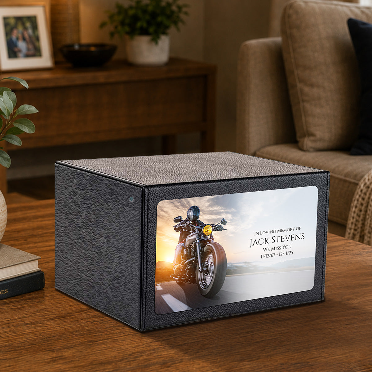 Custom Printed Heritage Leather Motorcycle Wood Box Cremation Urn