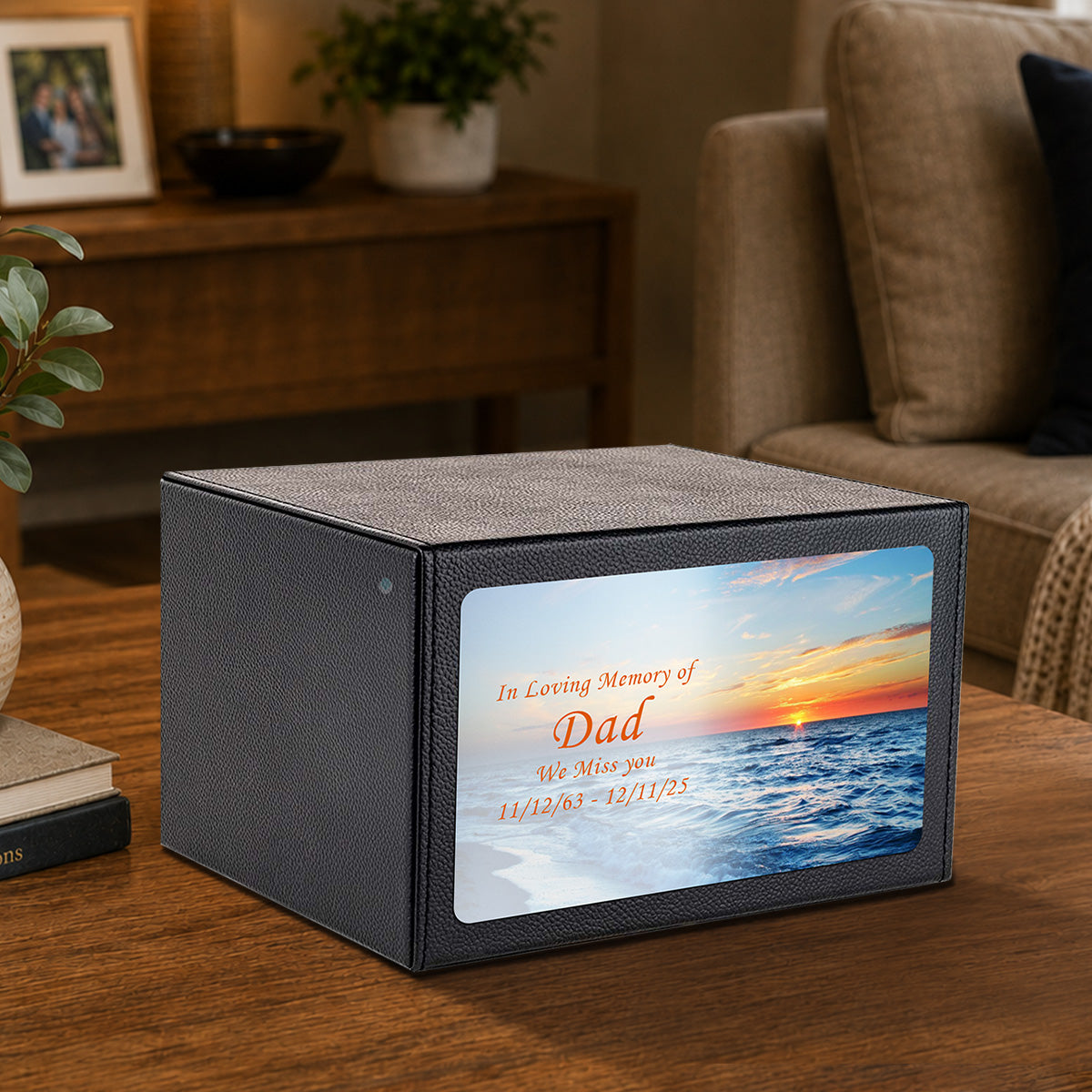 Custom Printed Heritage Leather Ocean Sunset Wood Box Cremation Urn