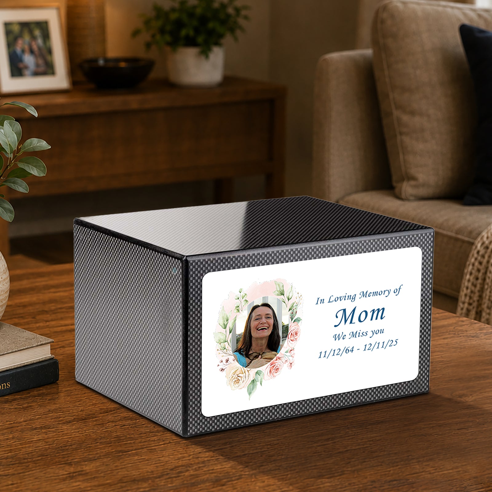 Custom Printed Heritage Carbon Fiber Photo Frame Wood Box Cremation Urn