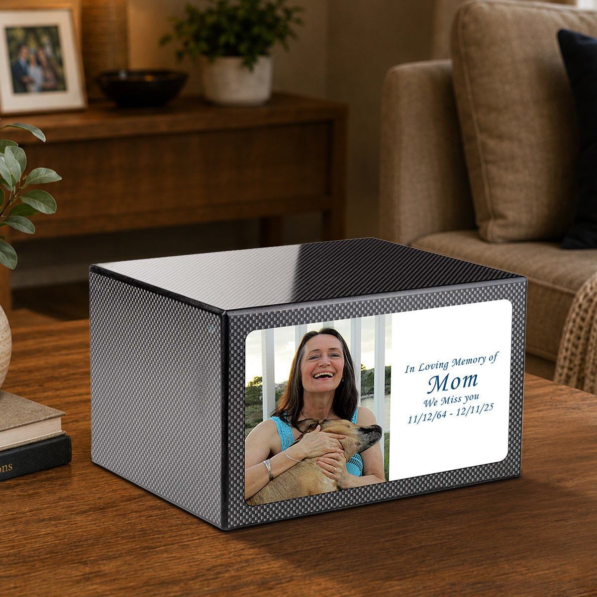 Custom Printed Heritage Carbon Fiber Photo Wood Box Cremation Urn