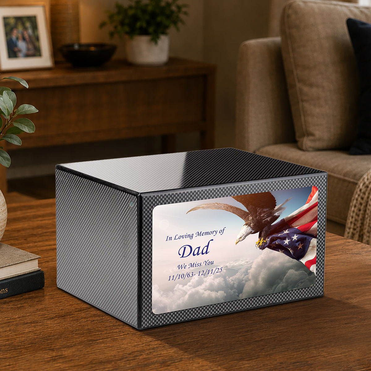 Custom Printed Heritage Carbon Fiber American Eagle Wood Box Cremation Urn