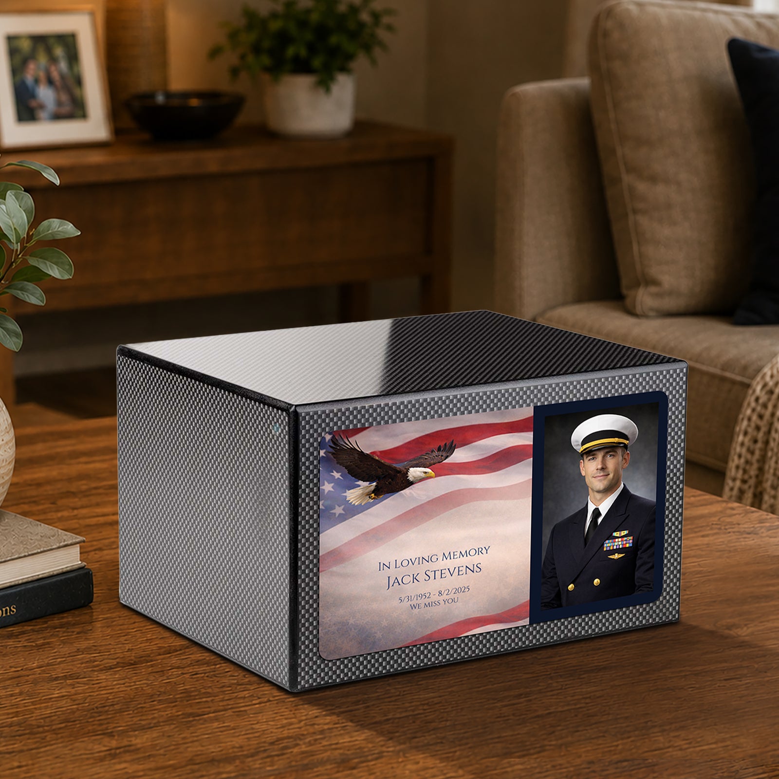 Custom Printed Heritage Carbon Fiber Photo American Glory Wood Box Cremation Urn
