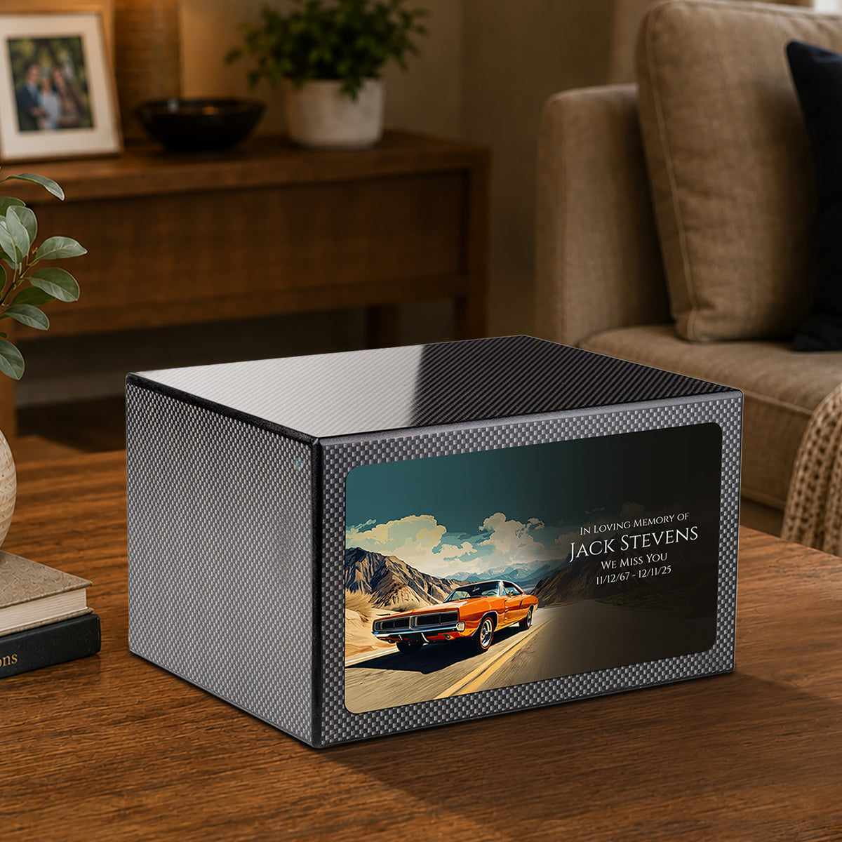 Custom Printed Heritage Carbon Fiber Classic Car Wood Box Cremation Urn