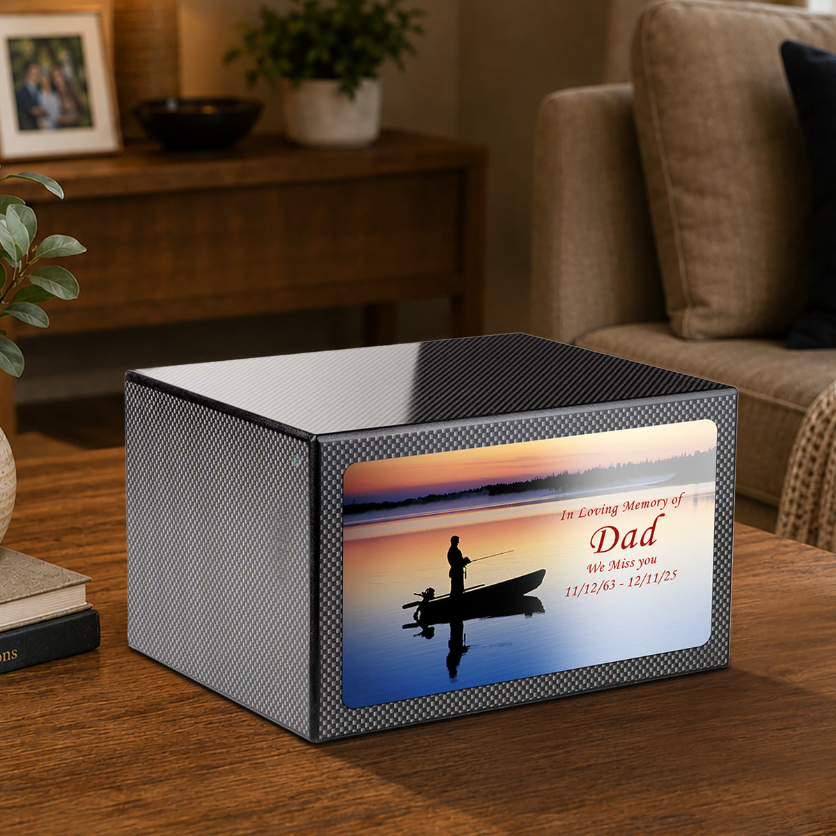 Custom Printed Heritage Carbon Fiber Fishing Wood Box Cremation Urn