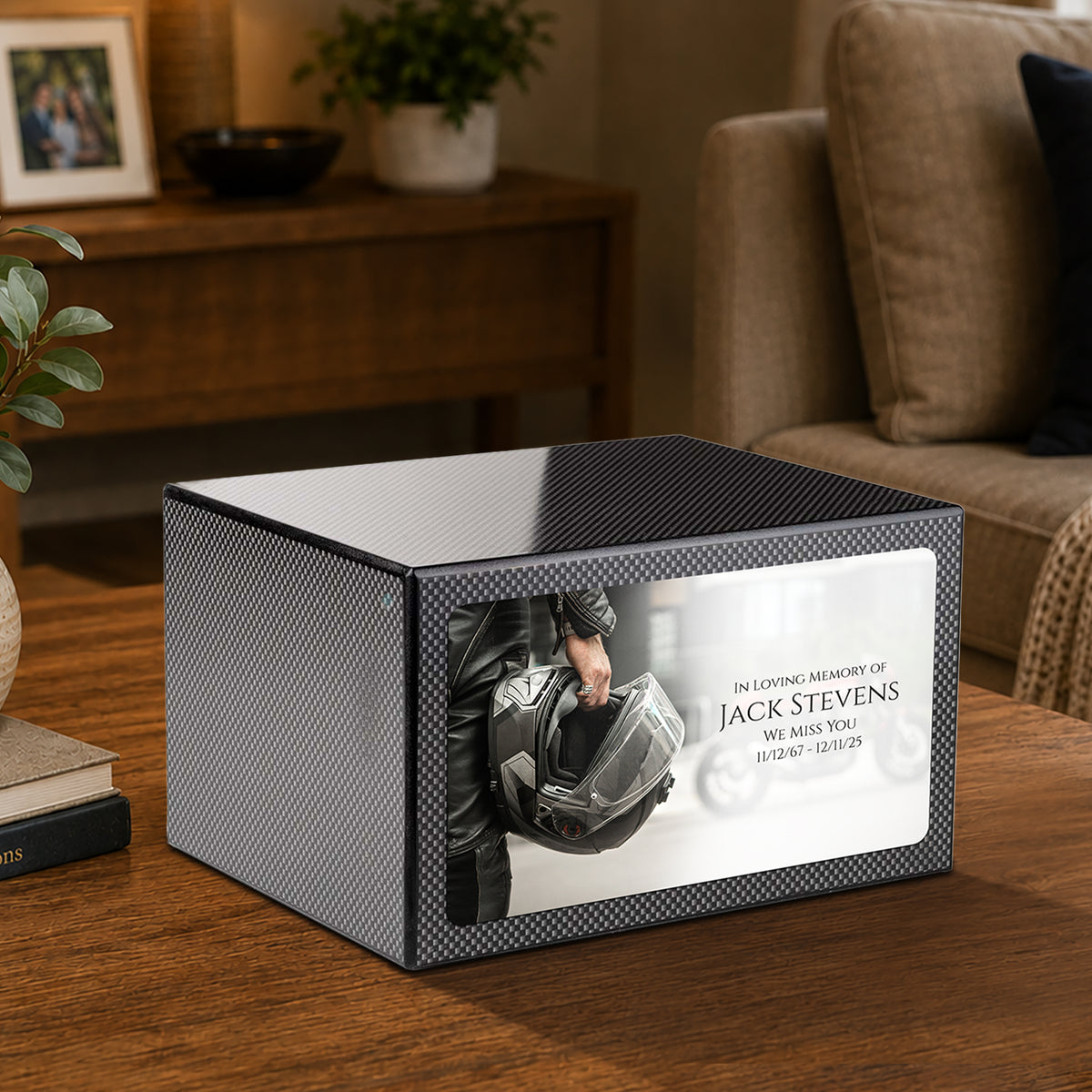 Custom Printed Heritage Carbon Fiber Motorcycle Helmet Wood Box Cremation Urn