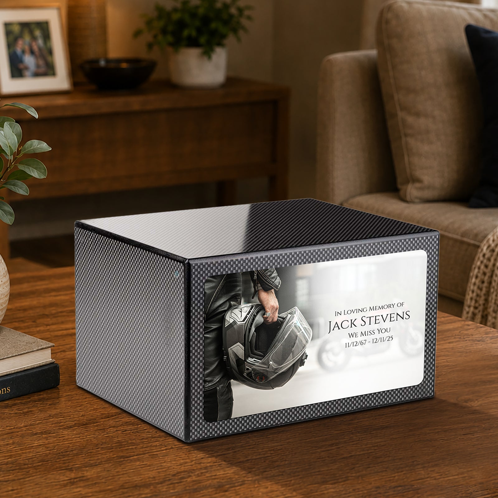 Custom Printed Heritage Carbon Fiber Motorcycle Helmet Wood Box Cremation Urn