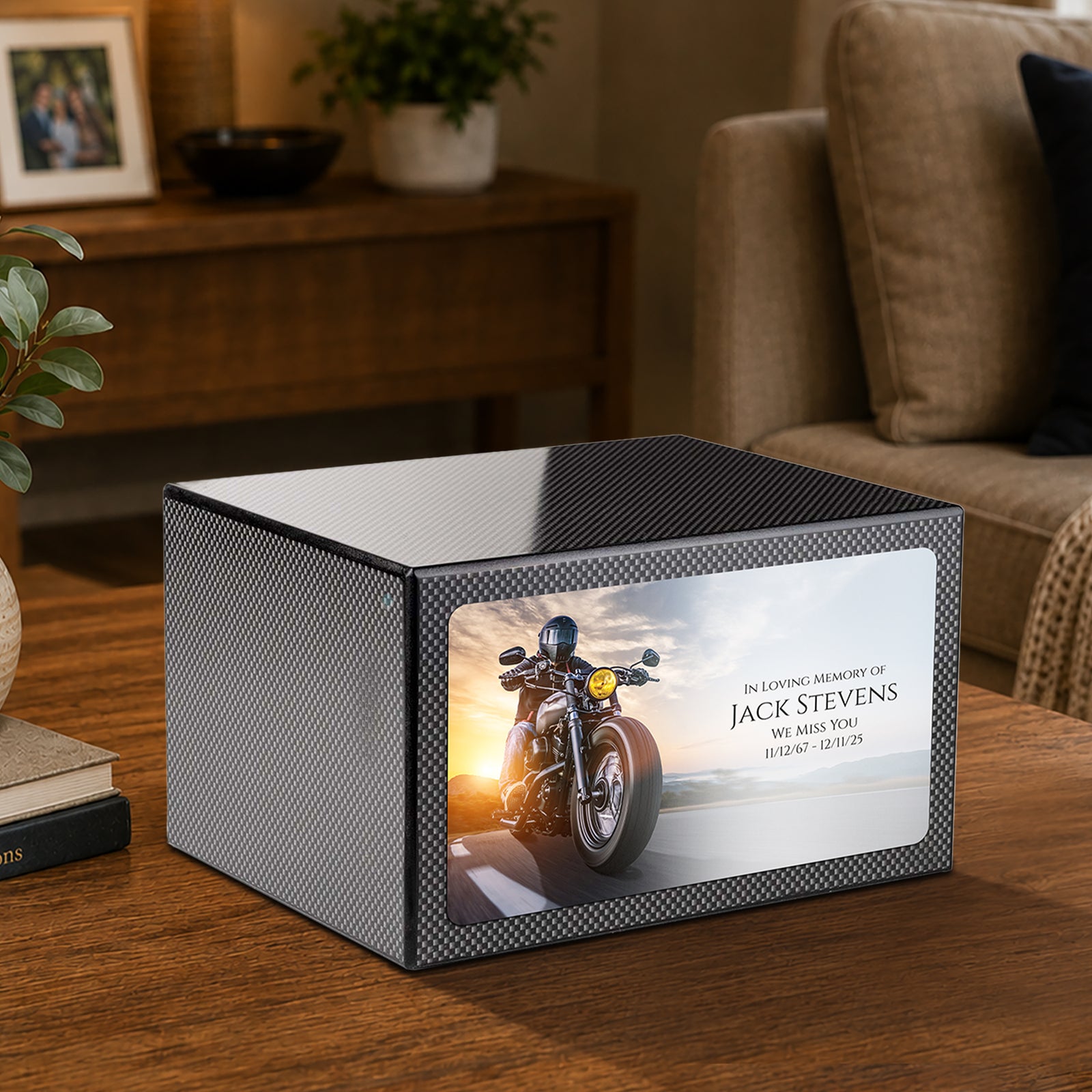 Custom Printed Heritage Carbon Fiber Motorcycle Wood Box Cremation Urn