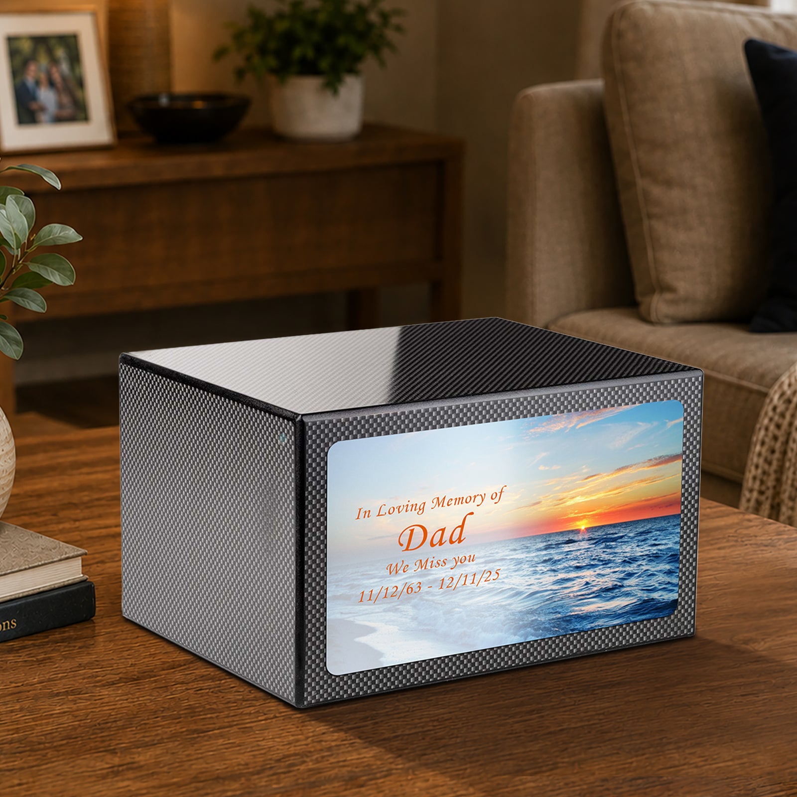Custom Printed Heritage Carbon Fiber Ocean Sunset Wood Box Cremation Urn