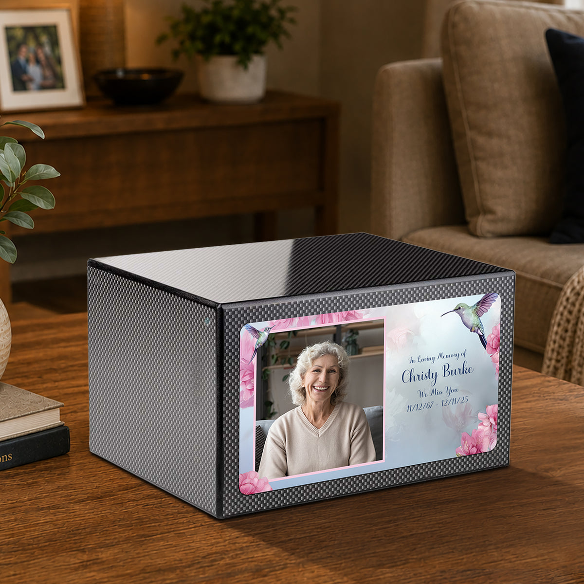 Custom Printed Heritage Carbon Fiber Photo Hummingbird Wood Box Cremation Urn