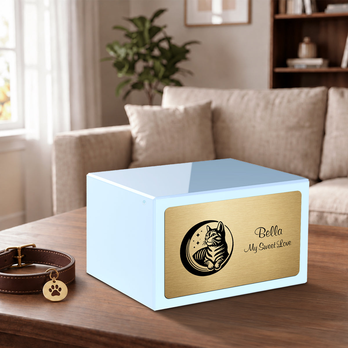 Heritage Light Blue Cute Cat Large Pet Cremation Box Urn