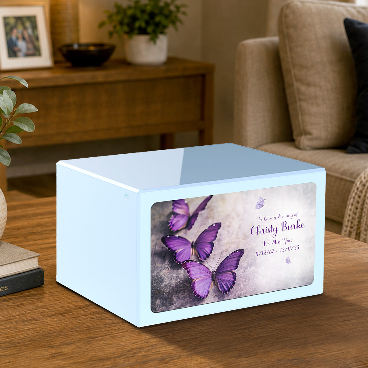 Custom Printed Heritage Light Blue Butterflies Wood Box Cremation Urn