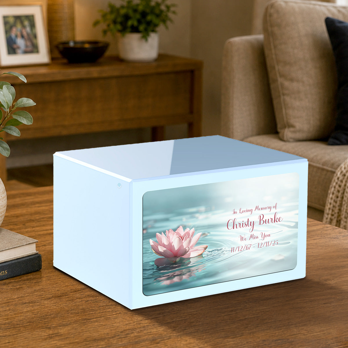 Custom Printed Heritage Light Blue Lotus Flower Wood Box Cremation Urn