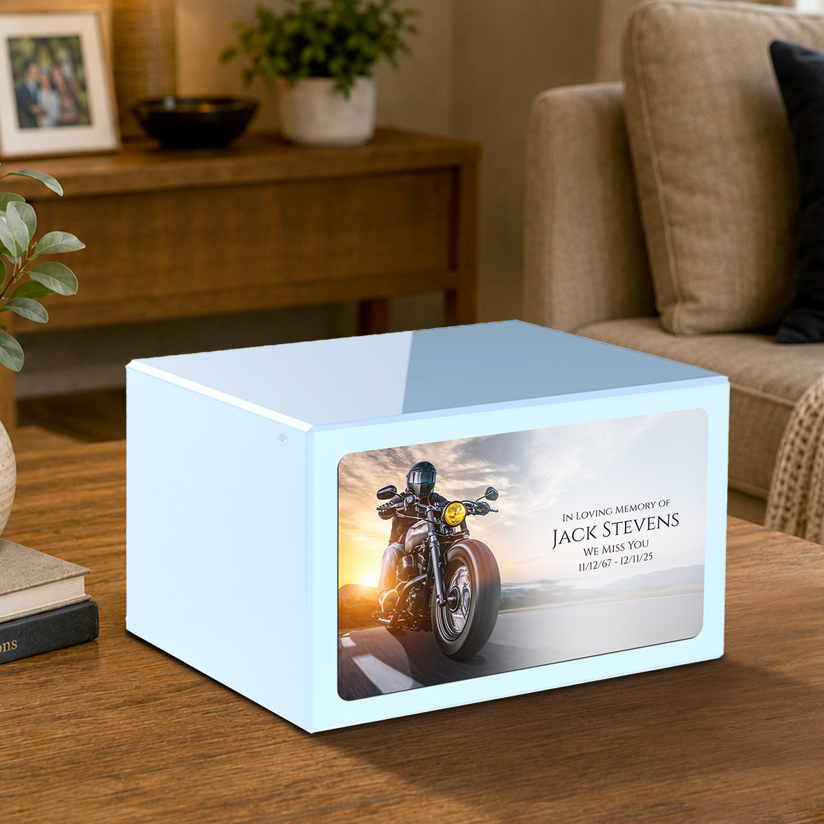 Custom Printed Heritage Light Blue Motorcycle Wood Box Cremation Urn