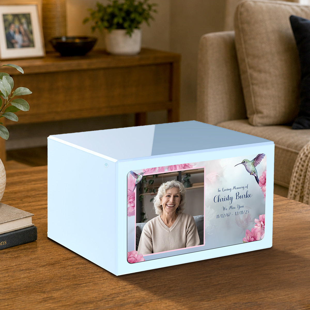 Custom Printed Heritage Light Blue Photo Hummingbird Wood Cremation Urn Box
