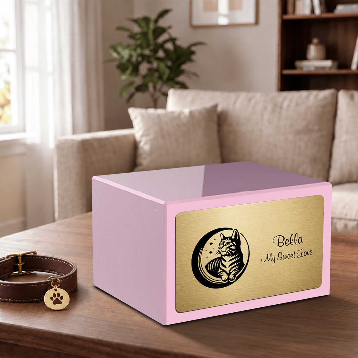 Heritage Light Pink Cute Cat Large Pet Cremation Box Urn