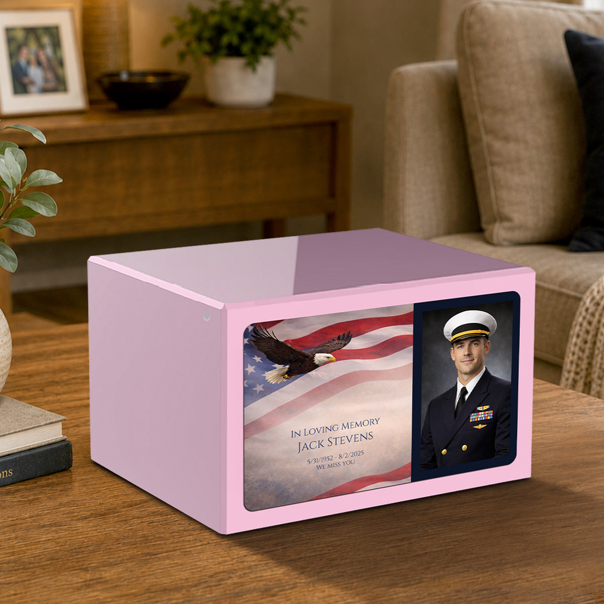 Custom Printed Heritage Light Pink Photo American Glory Wood Box Cremation Urn