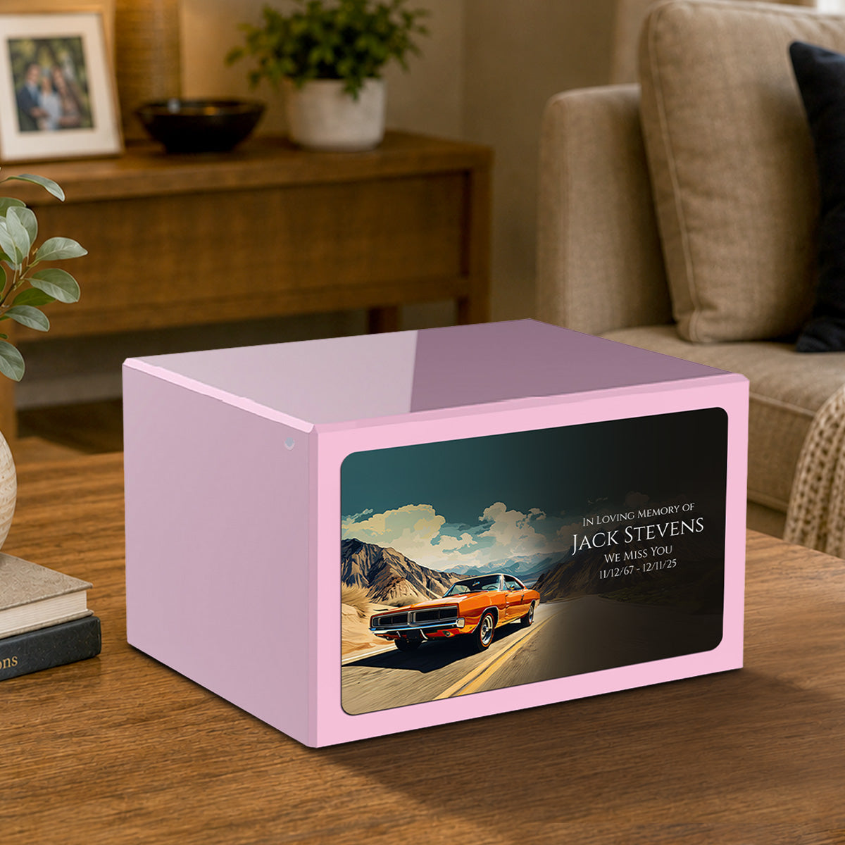 Custom Printed Heritage Light Pink Classic Car Wood Box Cremation Urn