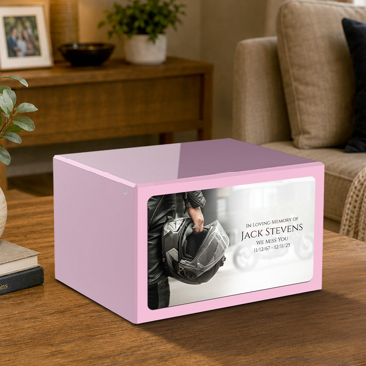 Custom Printed Heritage Light Pink Motorcycle Helmet Wood Cremation Urn Box