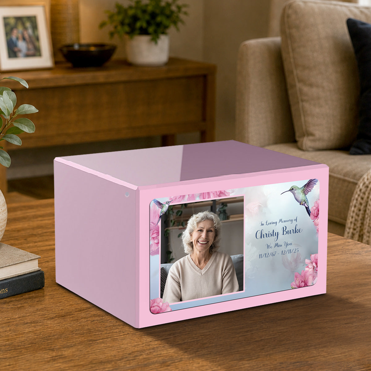 Custom Printed Heritage Light Pink Photo Hummingbird Wood Cremation Urn Box