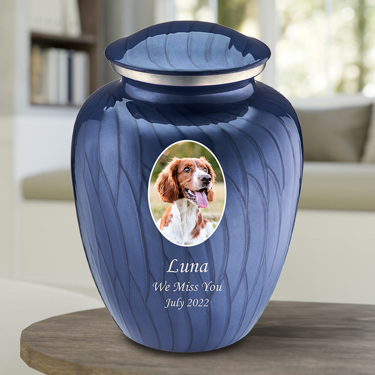 Adult Pet Embrace Pearl Cobalt Blue Portrait Cremation Urn