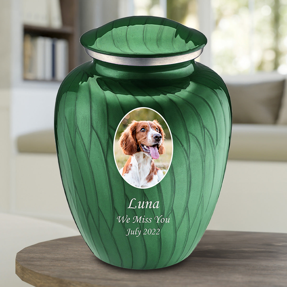 Adult Pet Embrace Pearl Green Portrait Cremation Urn