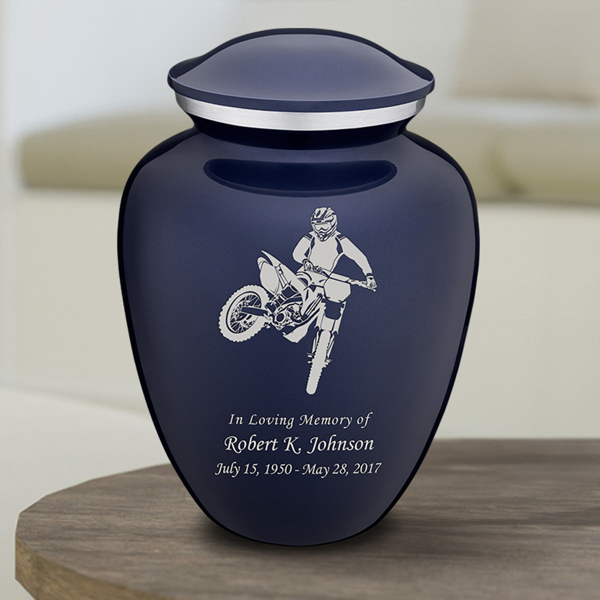 Medium Embrace Cobalt Blue Dirt Bike Cremation Urn
