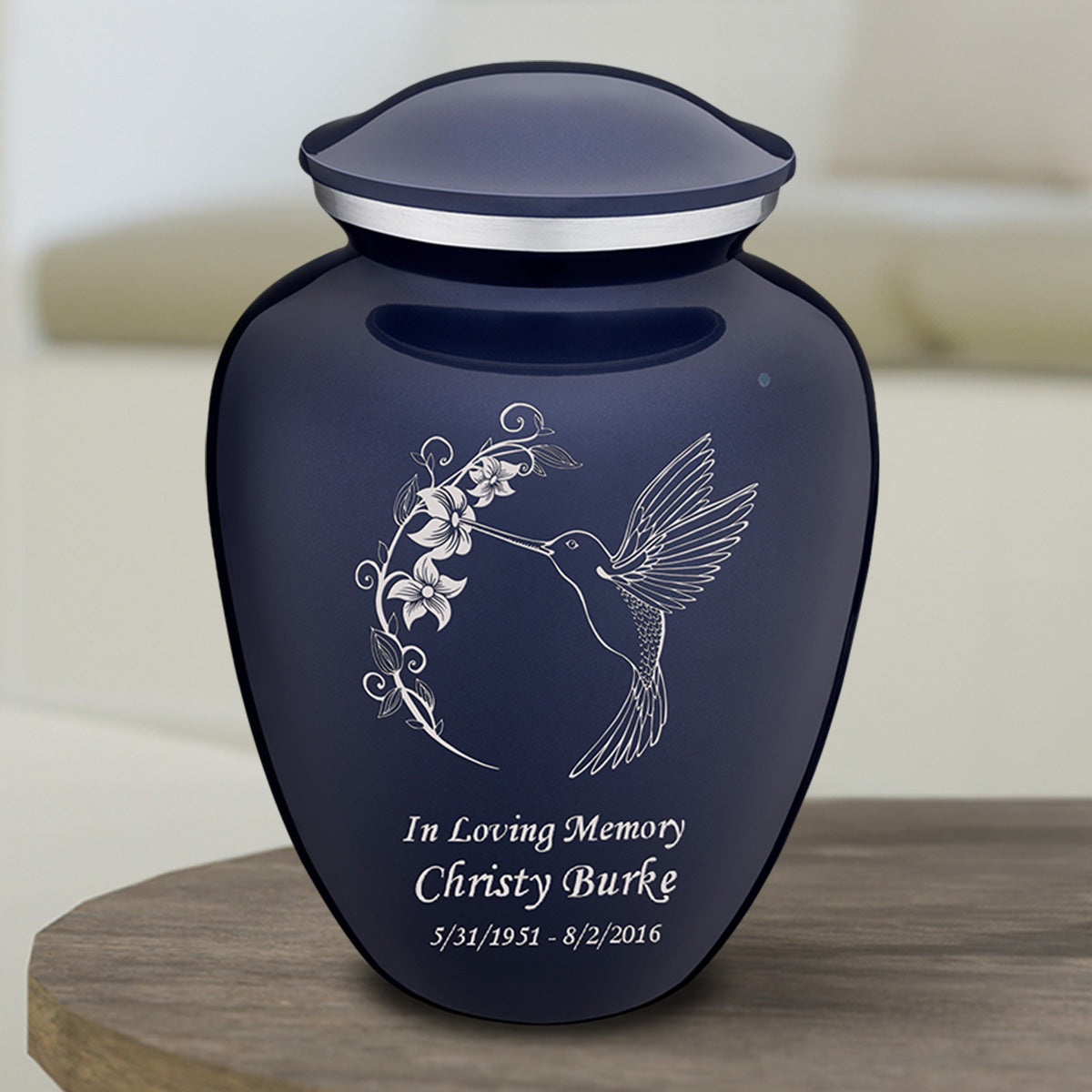 Medium Embrace Cobalt Blue Hummingbird Cremation Urn