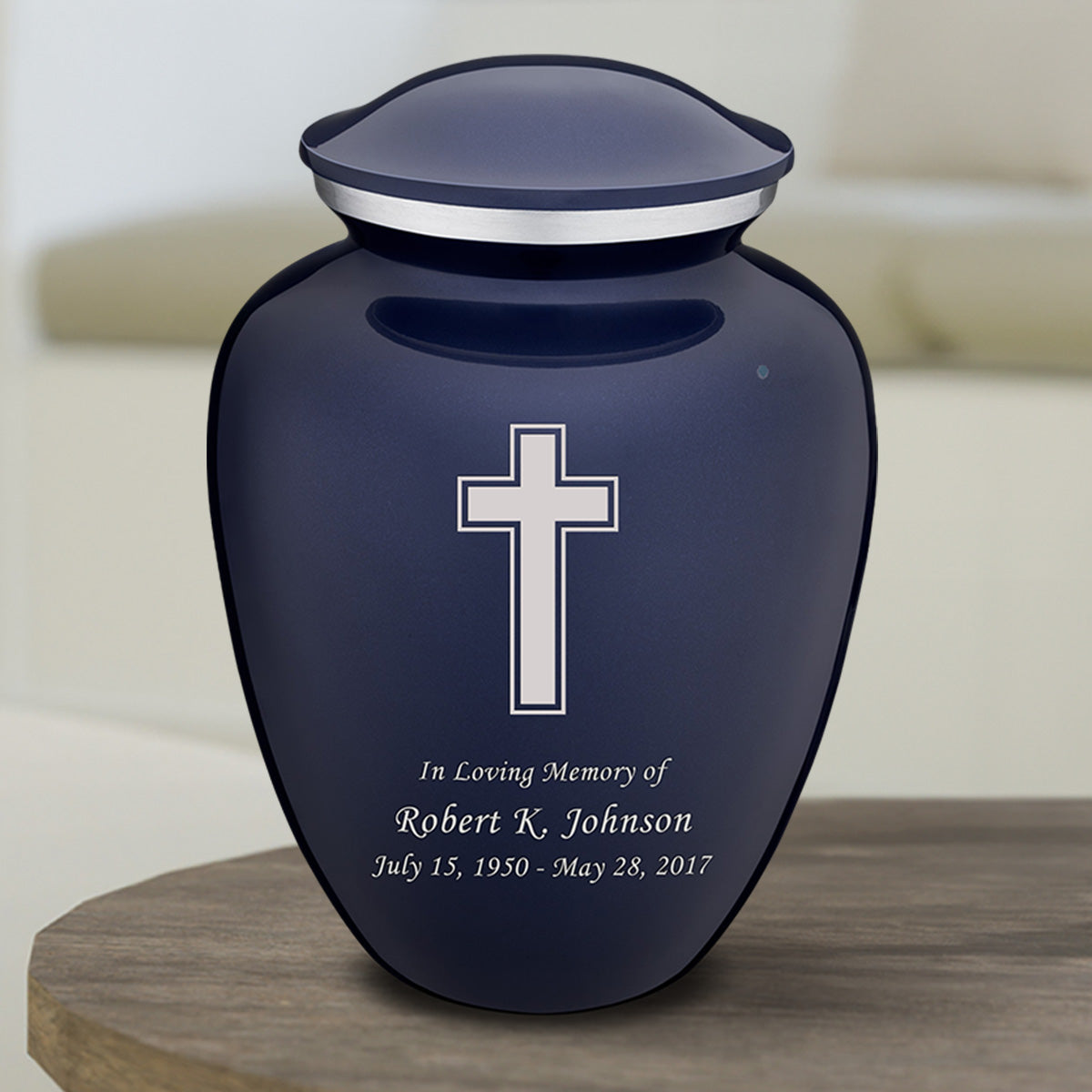 Medium Embrace Cobalt Blue Simple Cross Cremation Urn