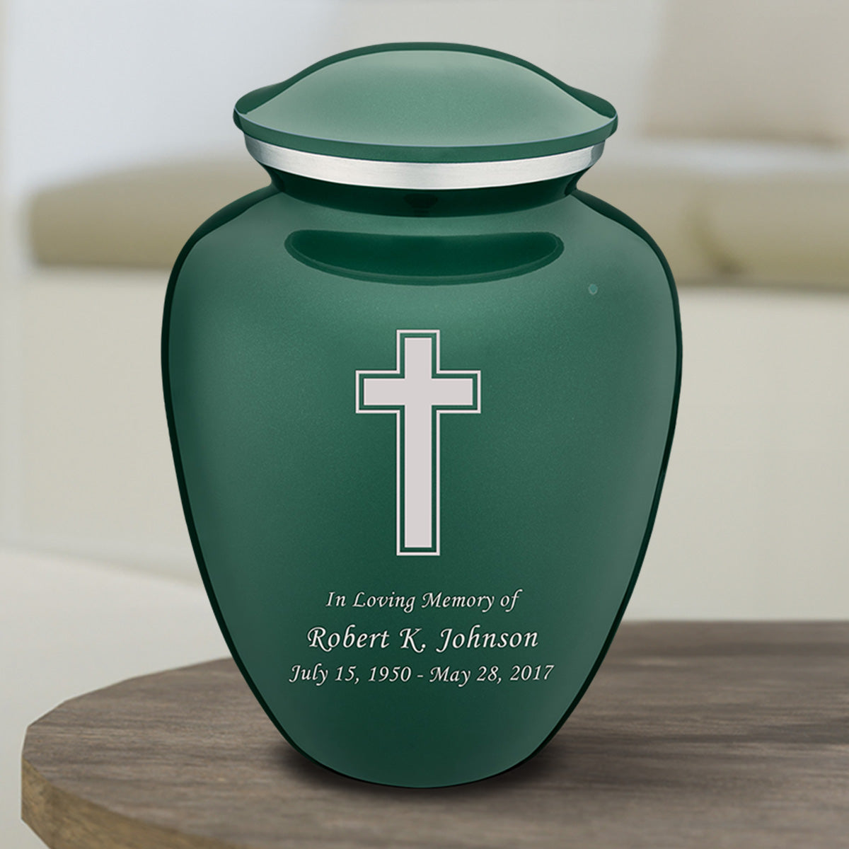 Medium Embrace Green Simple Cross Cremation Urn