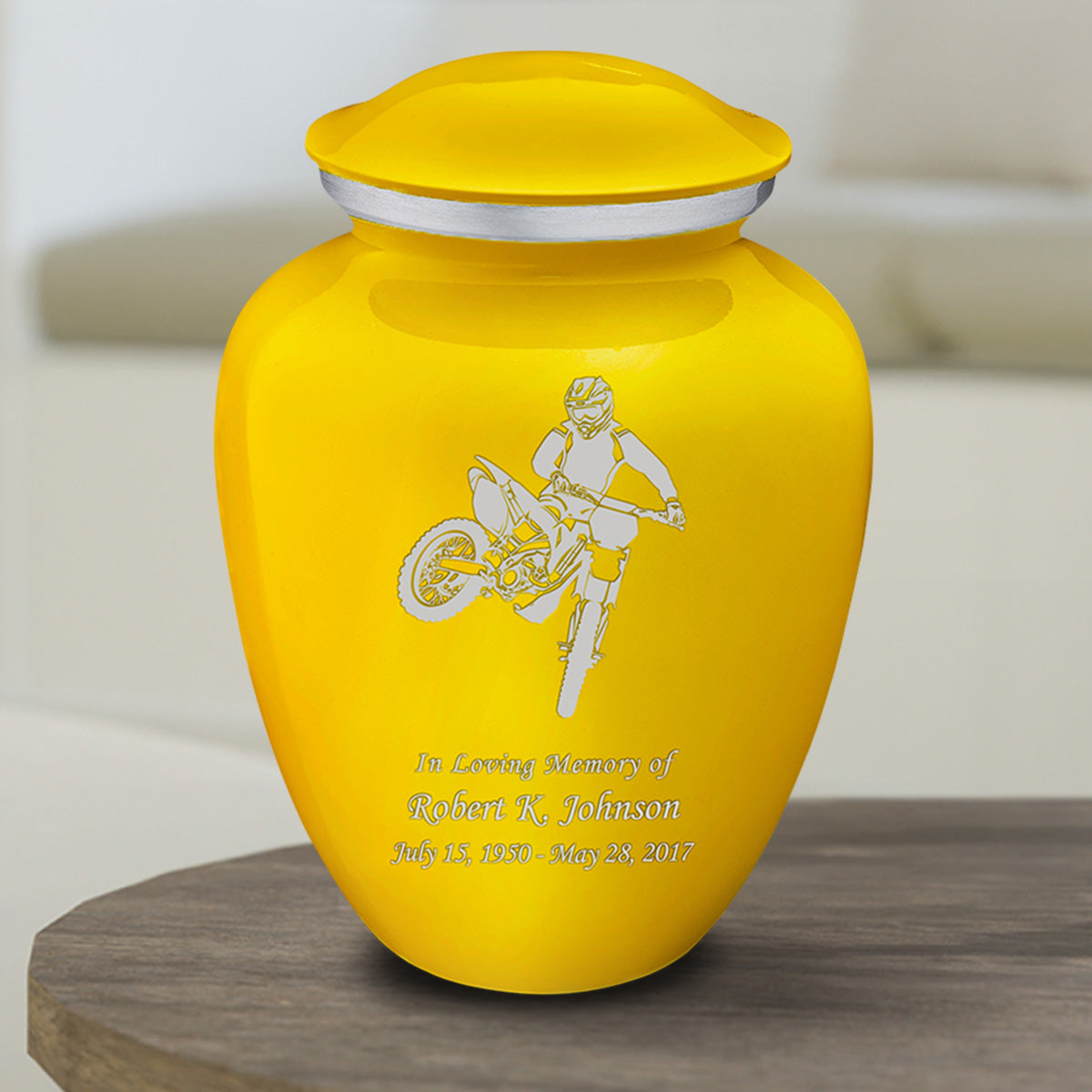 Medium Embrace Yellow Dirt Bike Cremation Urn