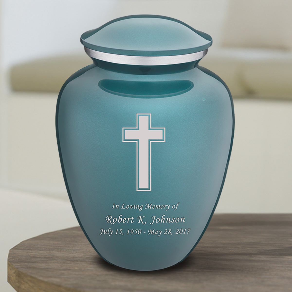 Medium Embrace Teal Simple Cross Cremation Urn