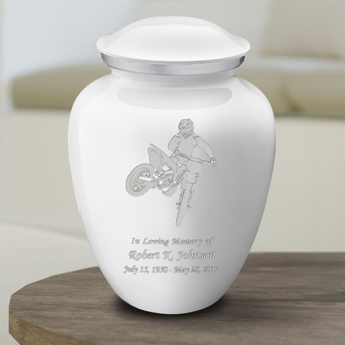 Medium Embrace White Dirt Bike Cremation Urn