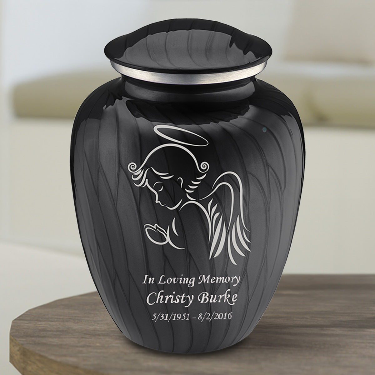 Medium Embrace Pearl Black Angel Cremation Urn