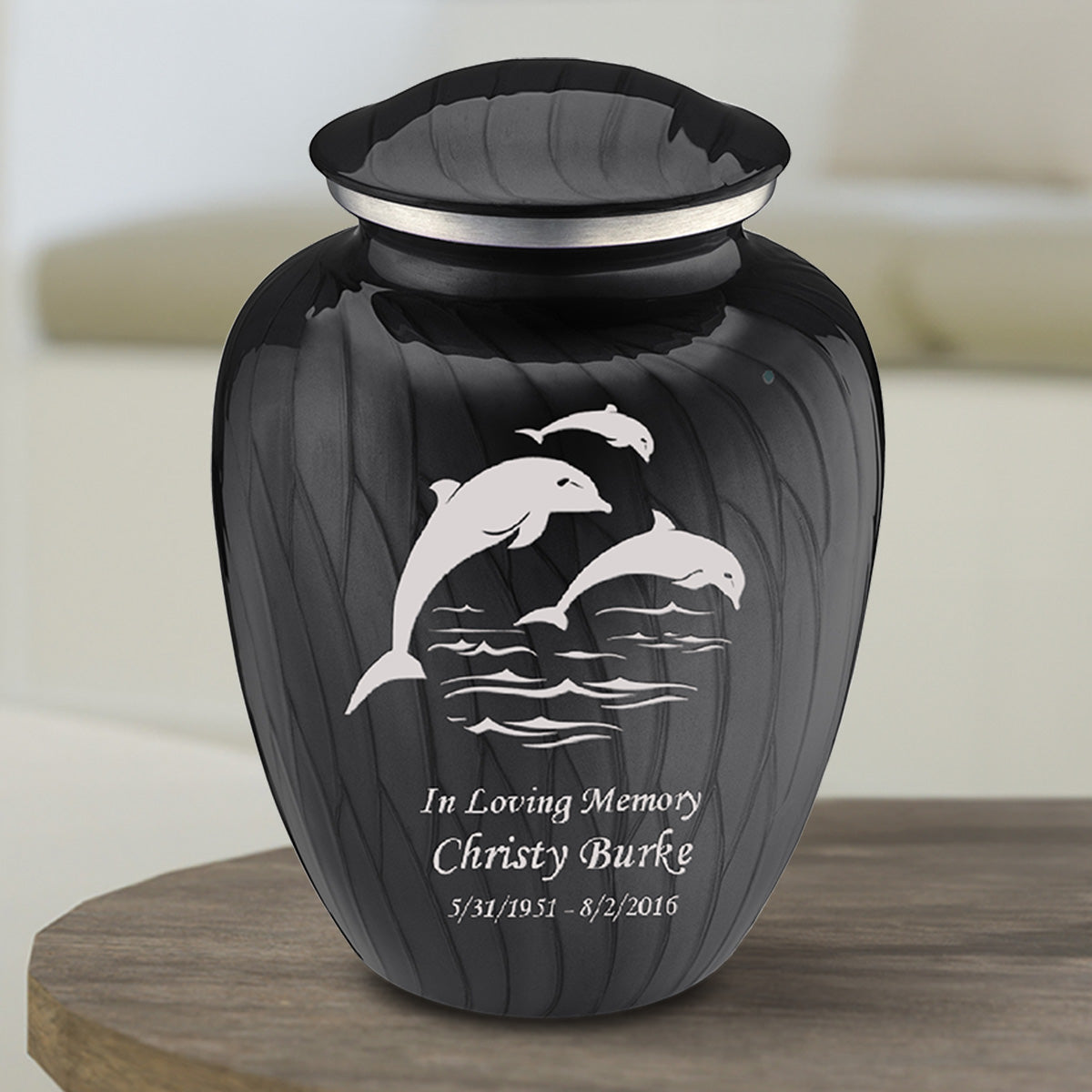 Medium Embrace Pearl Black Dolphins Cremation Urn