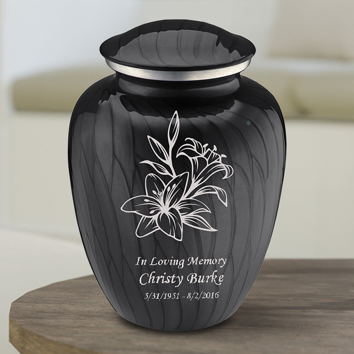 Medium Embrace Pearl Black Lily Cremation Urn