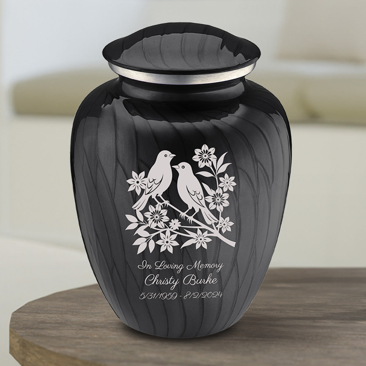 Medium Embrace Pearl Black Songbirds Cremation Urn