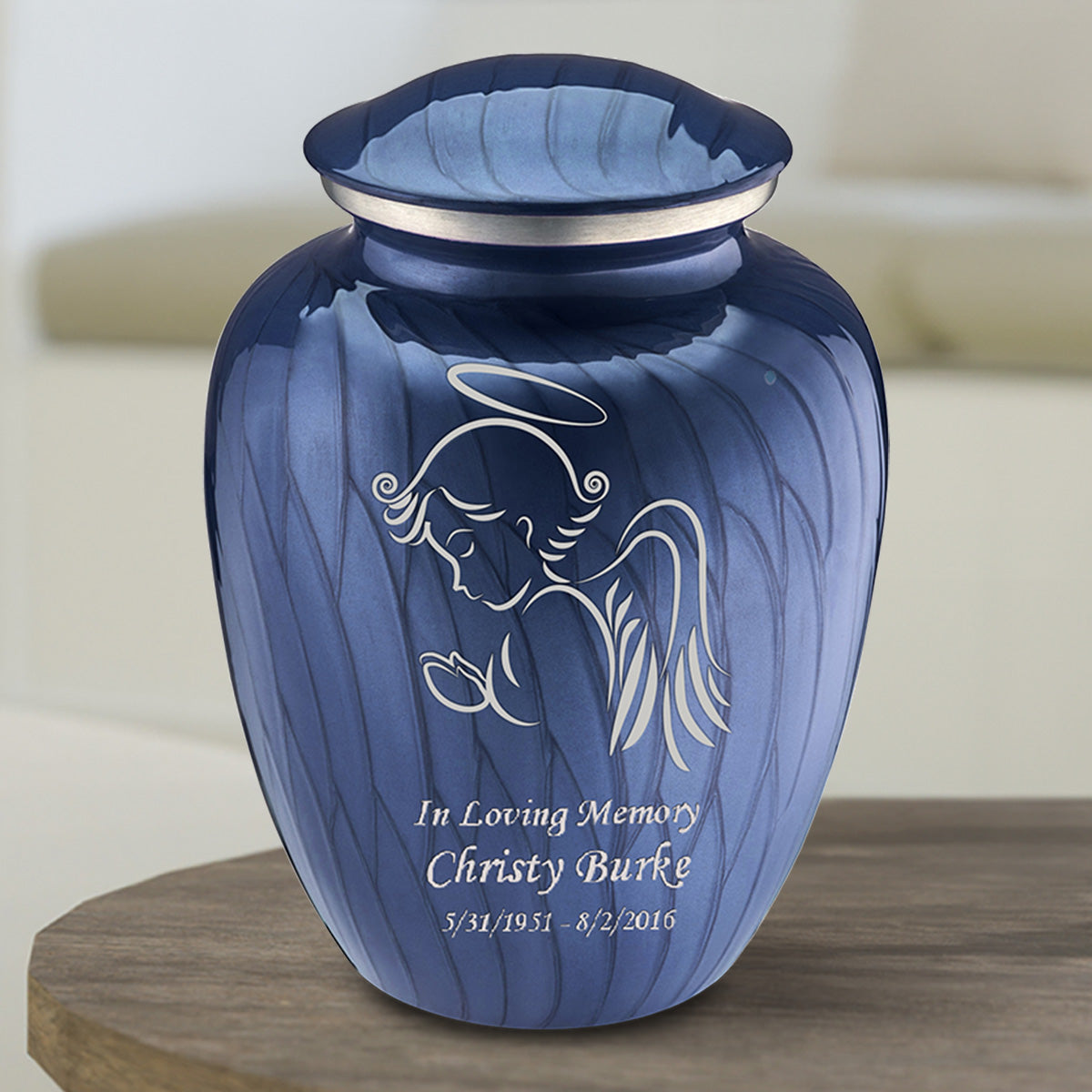 Medium Embrace Pearl Cobalt Blue Angel Cremation Urn