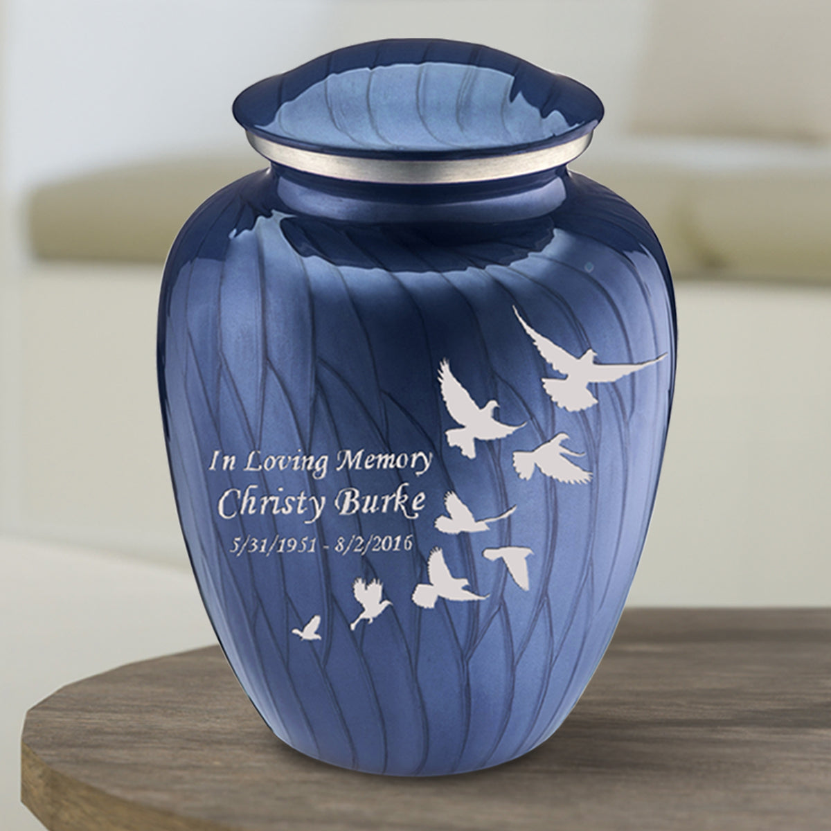 Medium Embrace Pearl Cobalt Blue Doves Cremation Urn